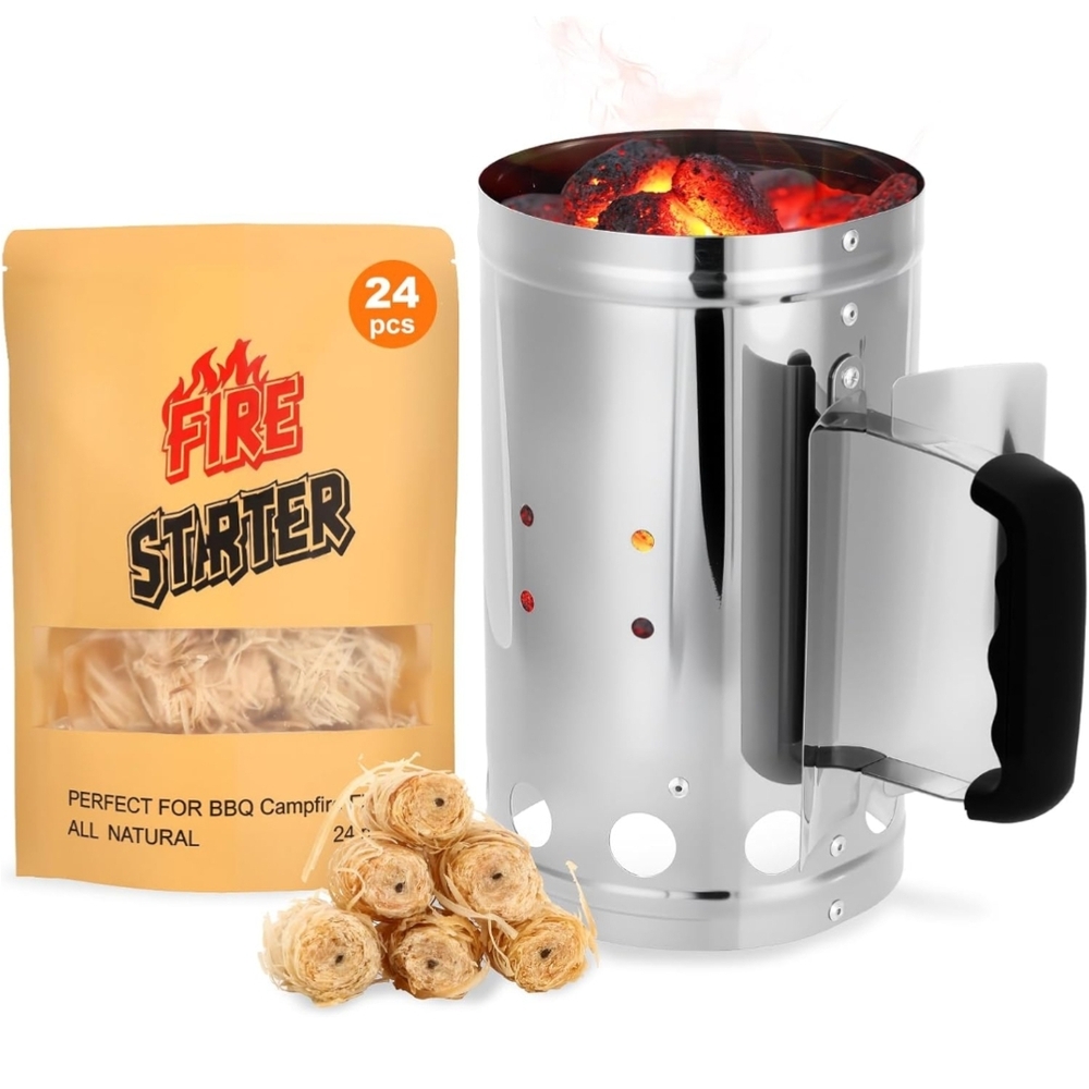 Stainless Steel Charcoal Chimney Starter with Fire Starters